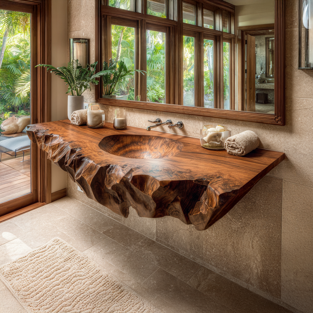 Kaelith Live Edge Solid Wood Floating Bathroom Vanity with Integrated Sink - Timberustic Floating Bathroom Vanity with Integrated Sink