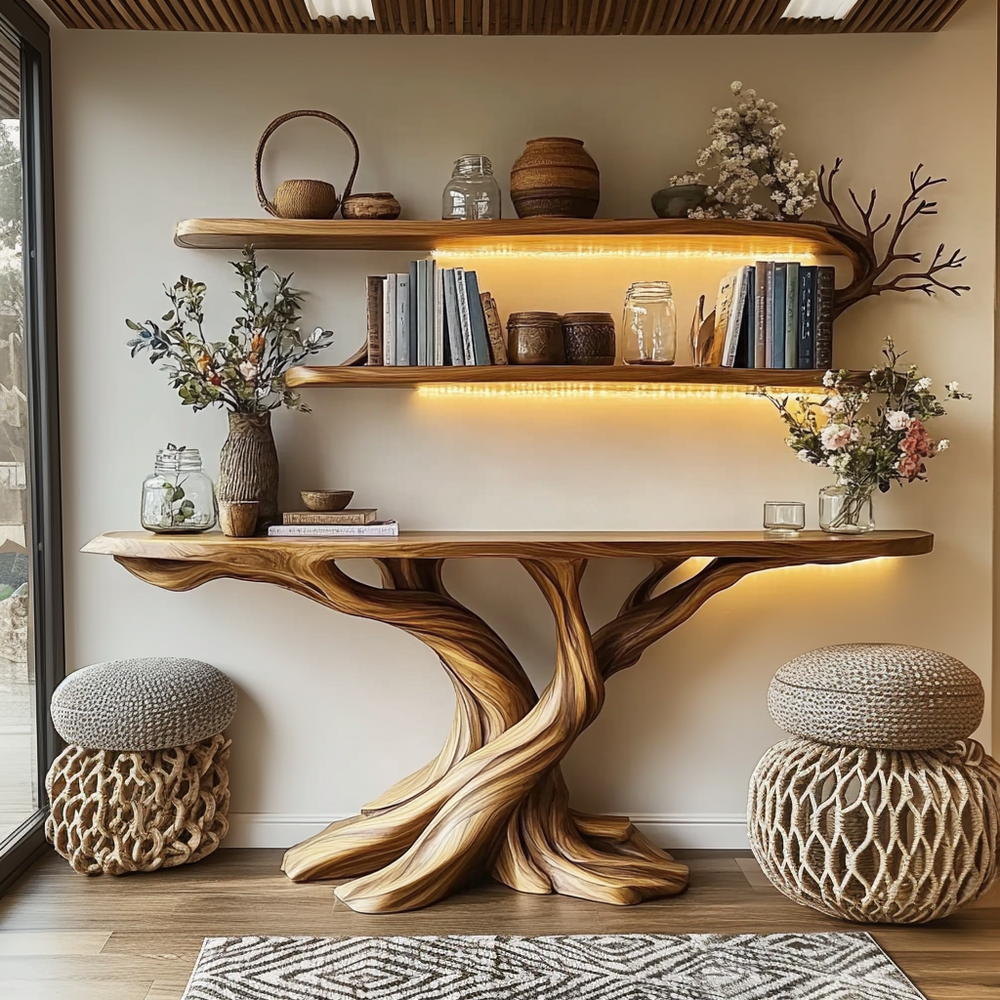 Kaelorin Live Edge Solid Wood Console Table with Shelves, Organic ...