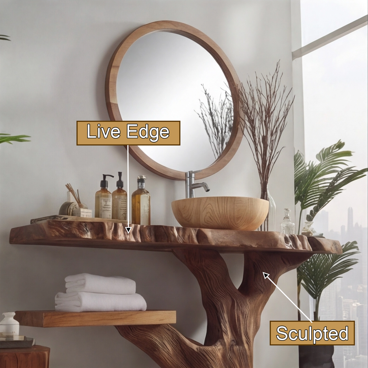 Kaelric Rootform Solid Wood Freestanding Bathroom Vanity with Shelves - Timberustic Freestanding Bathroom Vanity with Shelves