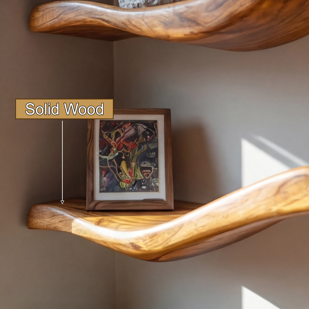 Handcrafted Shelf Kaelric Sculpted Solid Wood Floating Shelf, Handcrafted Organic Modern ...
