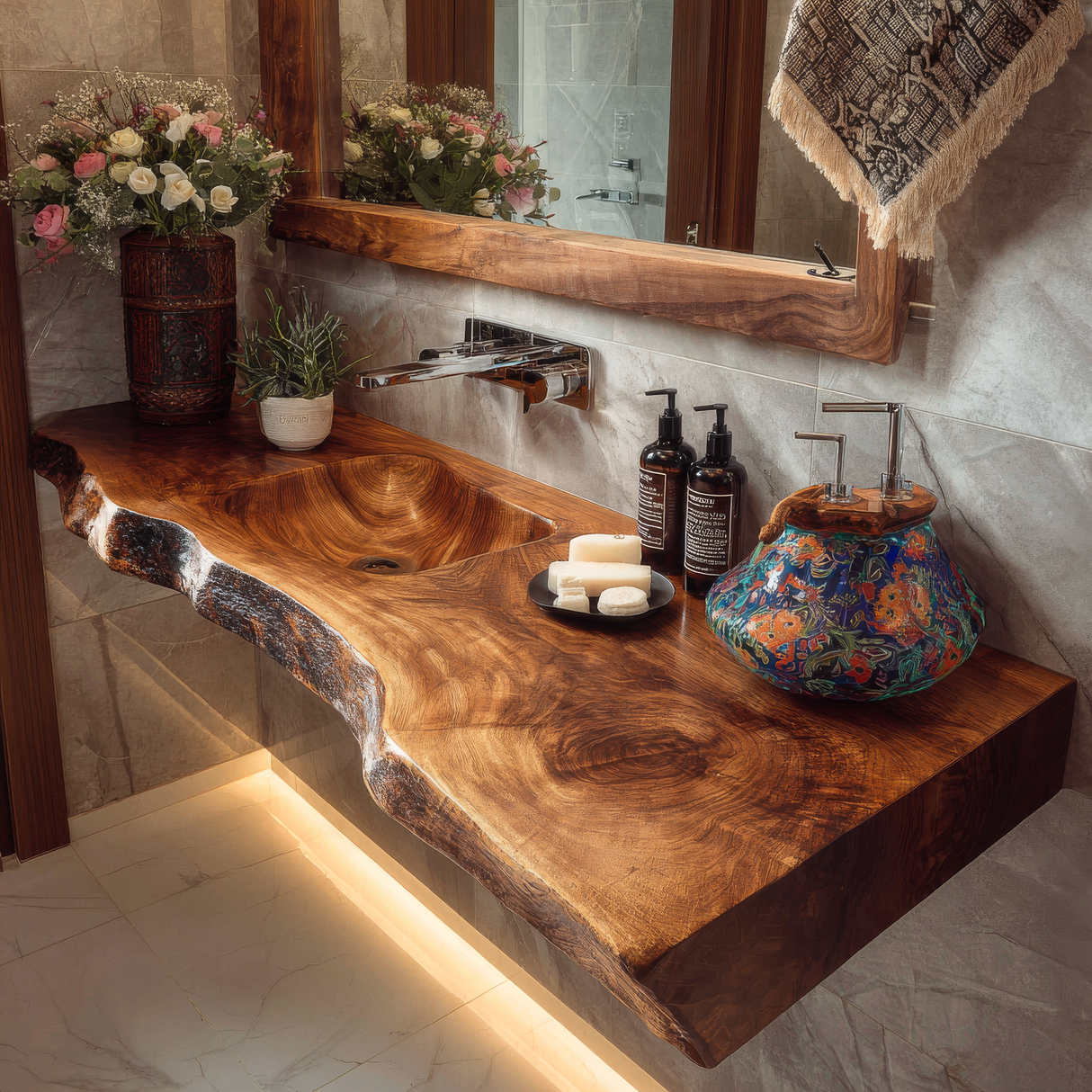 Kavero Handcrafted Live Edge Solid Wood Floating Bathroom Vanity with Integrated Sink SPA183672 - Timberustic Floating Bathroom Vanity with Integrated Sink