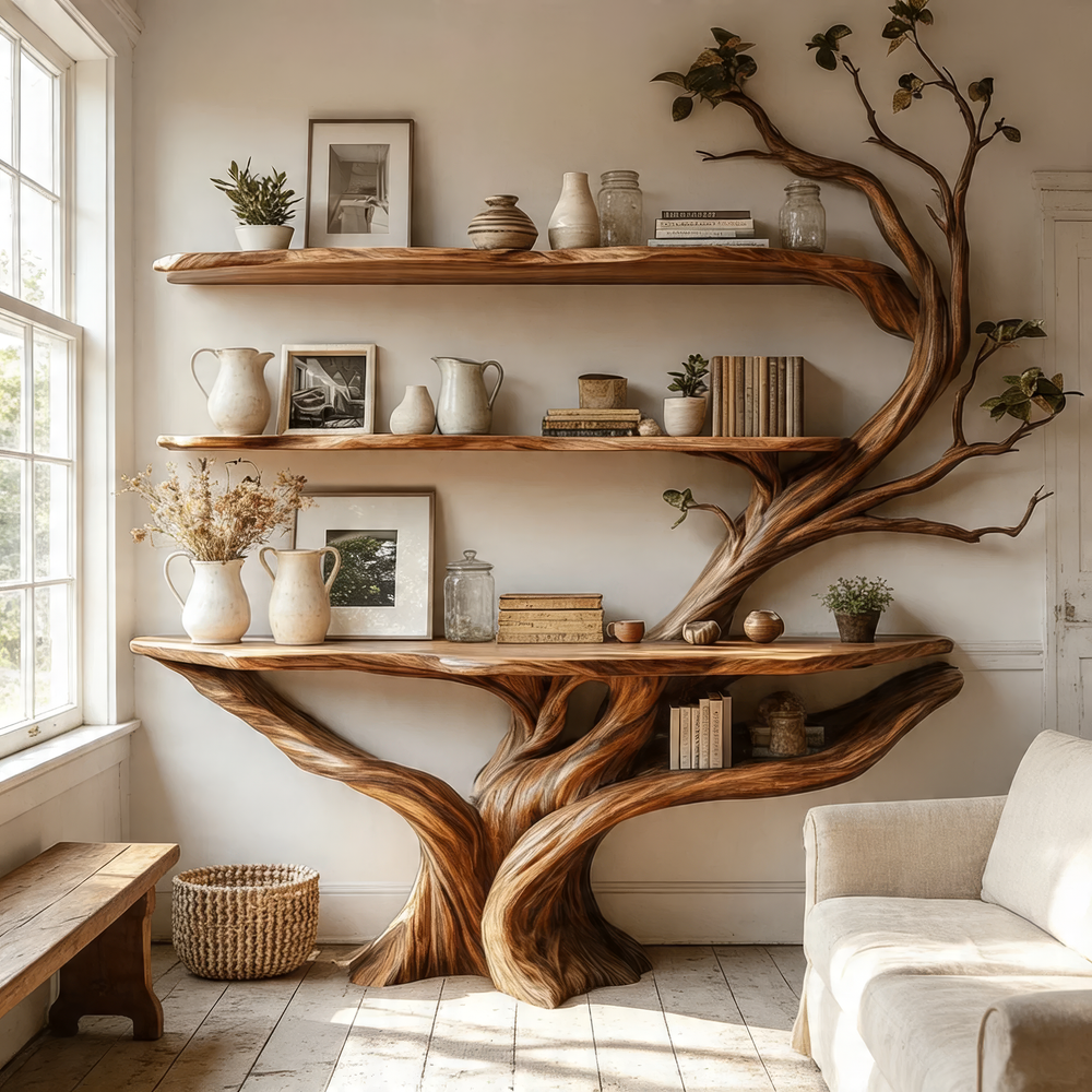 Kavion Sculpted Solid Wood Console Table with Shelves, Live Edge ...