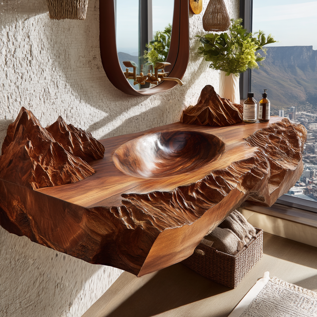 Kavros Sculptural Carved Solid Wood Floating Bathroom Vanity with Integrated Sink - Timberustic Floating Bathroom Vanity with Integrated Sink