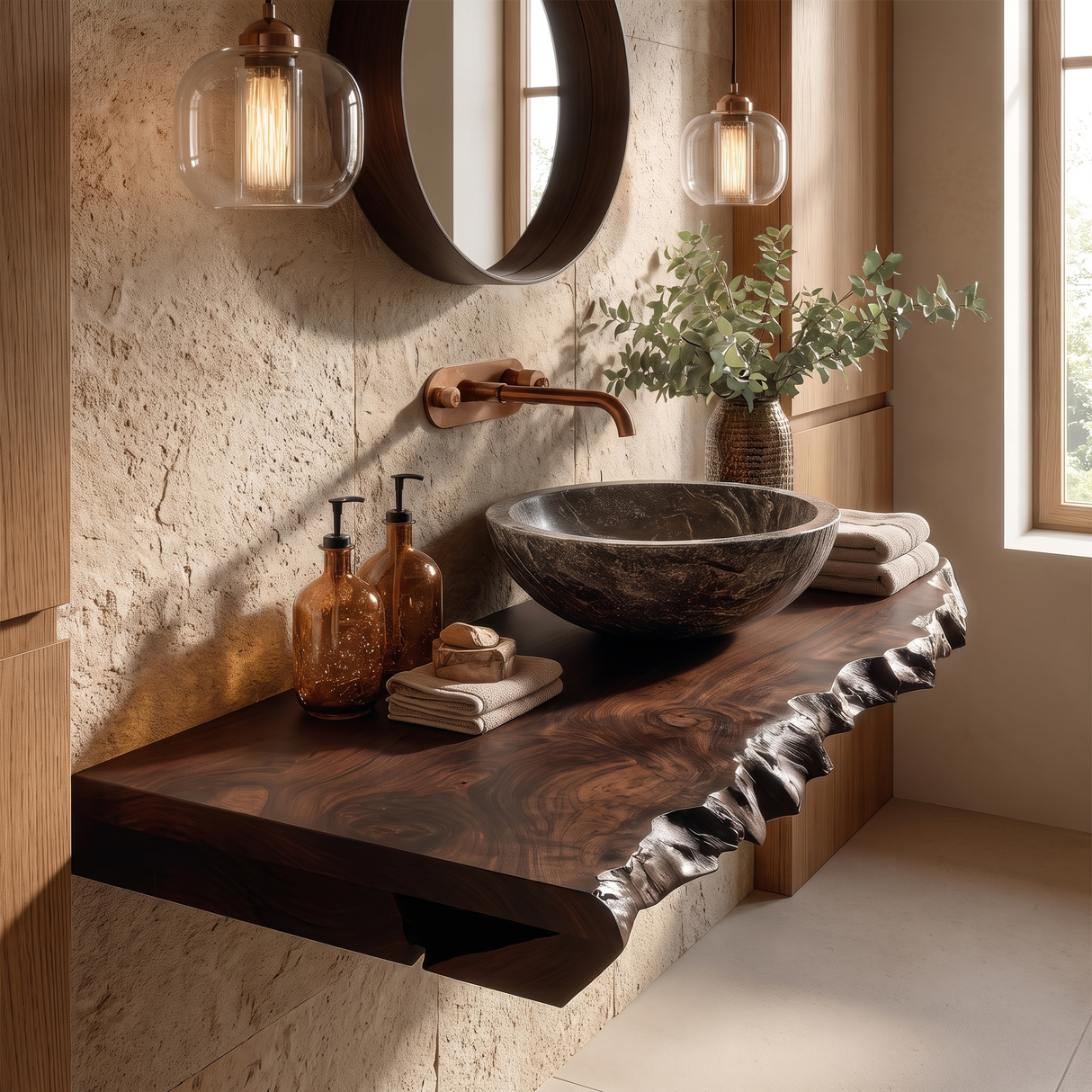 Kelvion Live Edge Solid Wood Floating Bathroom Vanity SPA514203 Dark Walnut - Timberustic Floating Bathroom Vanity