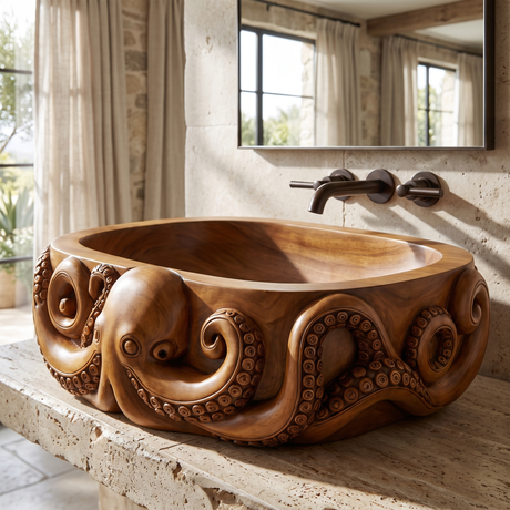 Krakora Handcrafted Solid Wood Octopus Vessel Sink - Timberustic Vessel Sinks