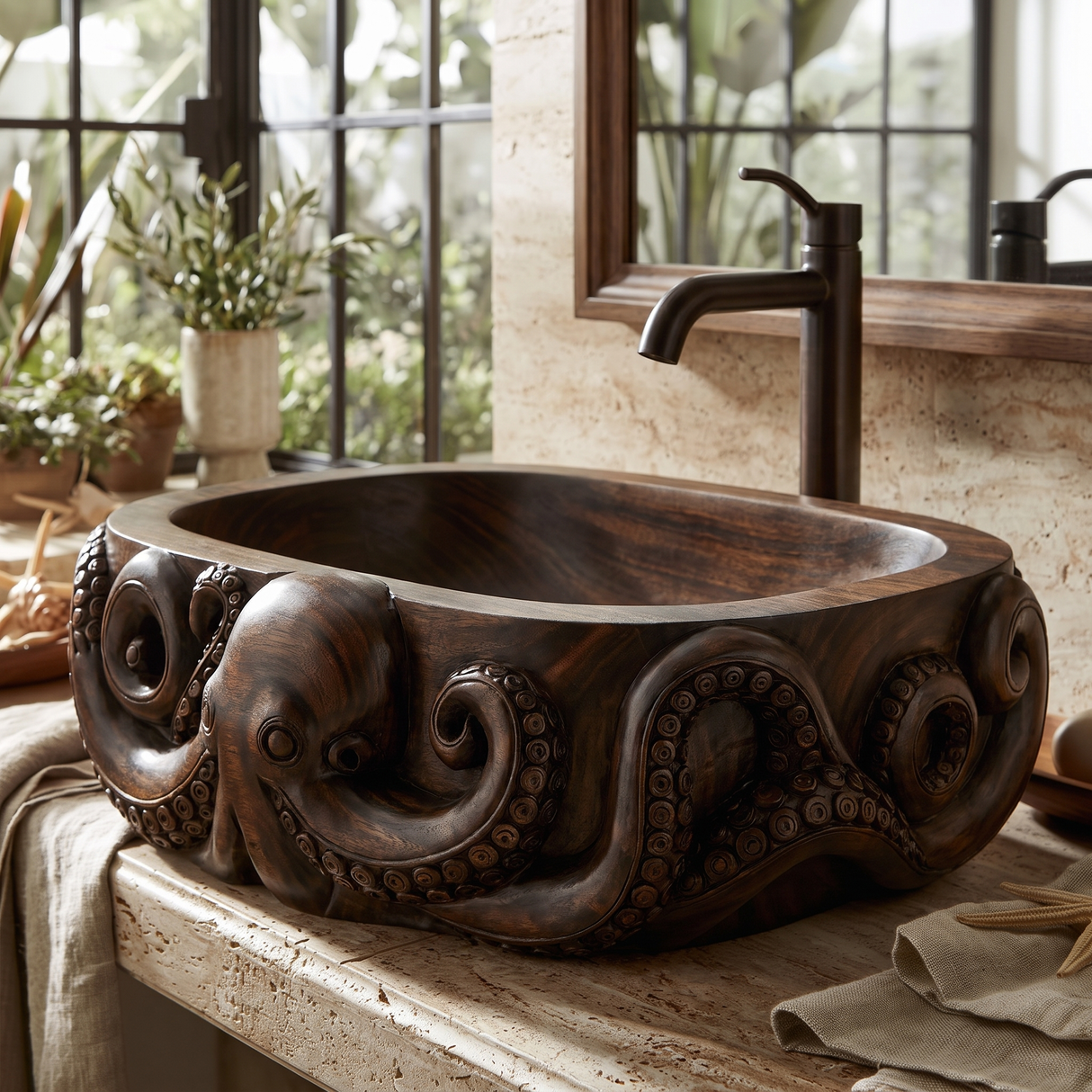 Krakora Handcrafted Solid Wood Octopus Vessel Sink Dark Walnut - Timberustic Vessel Sinks