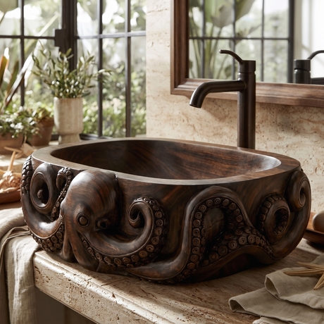 Krakora Handcrafted Solid Wood Octopus Vessel Sink Dark Walnut - Timberustic Vessel Sinks