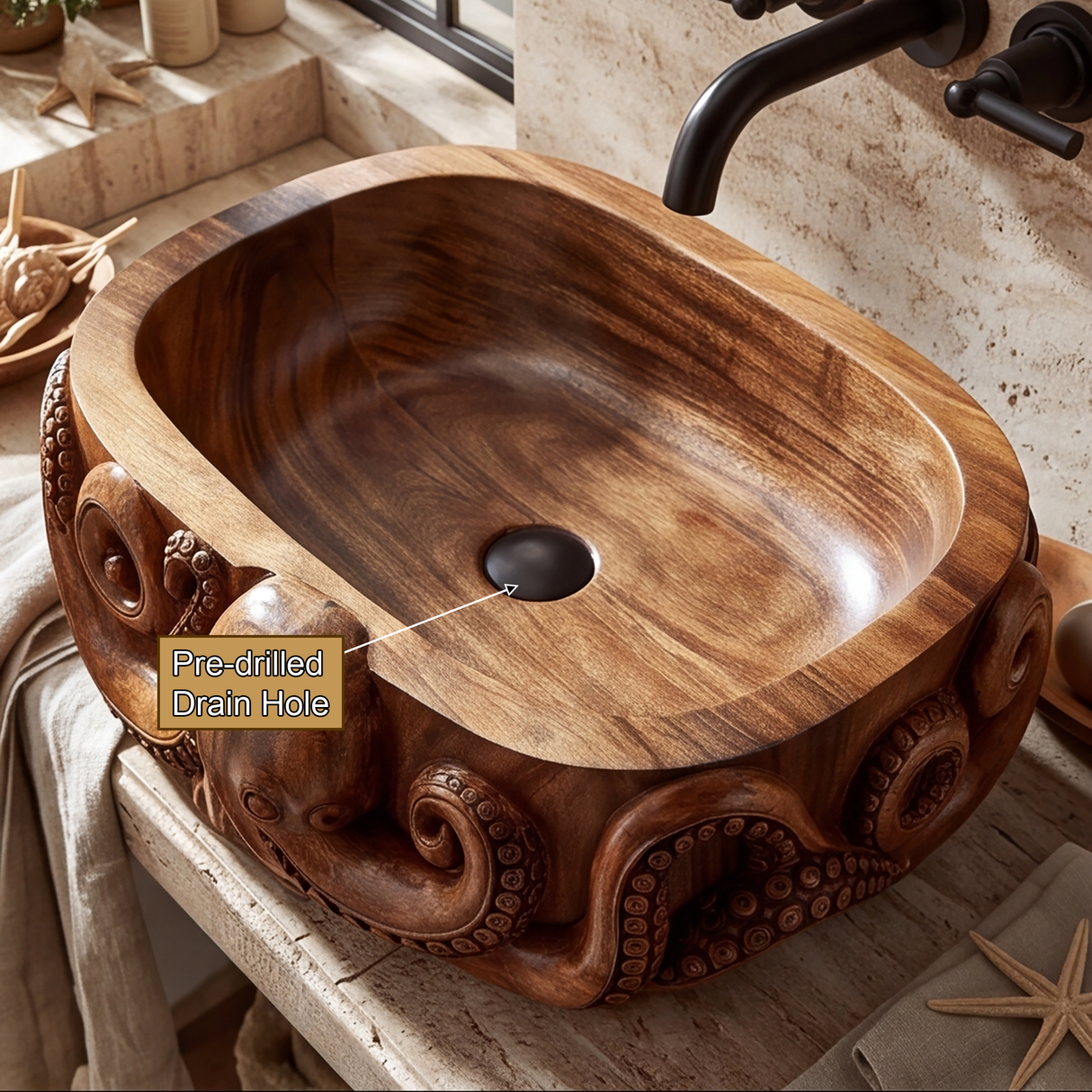 Krakora Handcrafted Solid Wood Octopus Vessel Sink