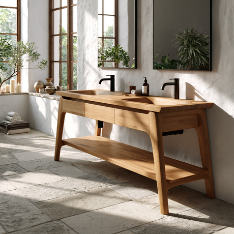 Lioren Handcrafted Solid Wood Freestanding Bathroom Vanity with Integrated Sinks and Drawers - Timberustic Freestanding Bathroom Vanity with Integrated Sinks and Drawers