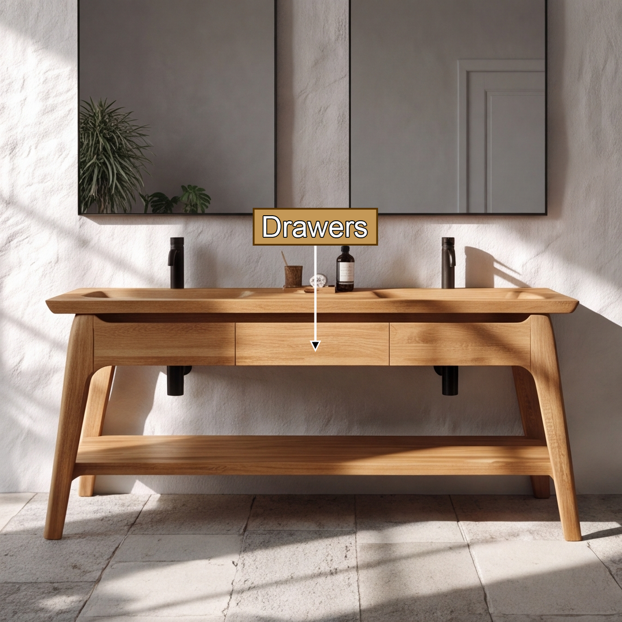 Lioren Handcrafted Solid Wood Freestanding Bathroom Vanity with Integrated Sinks and Drawers