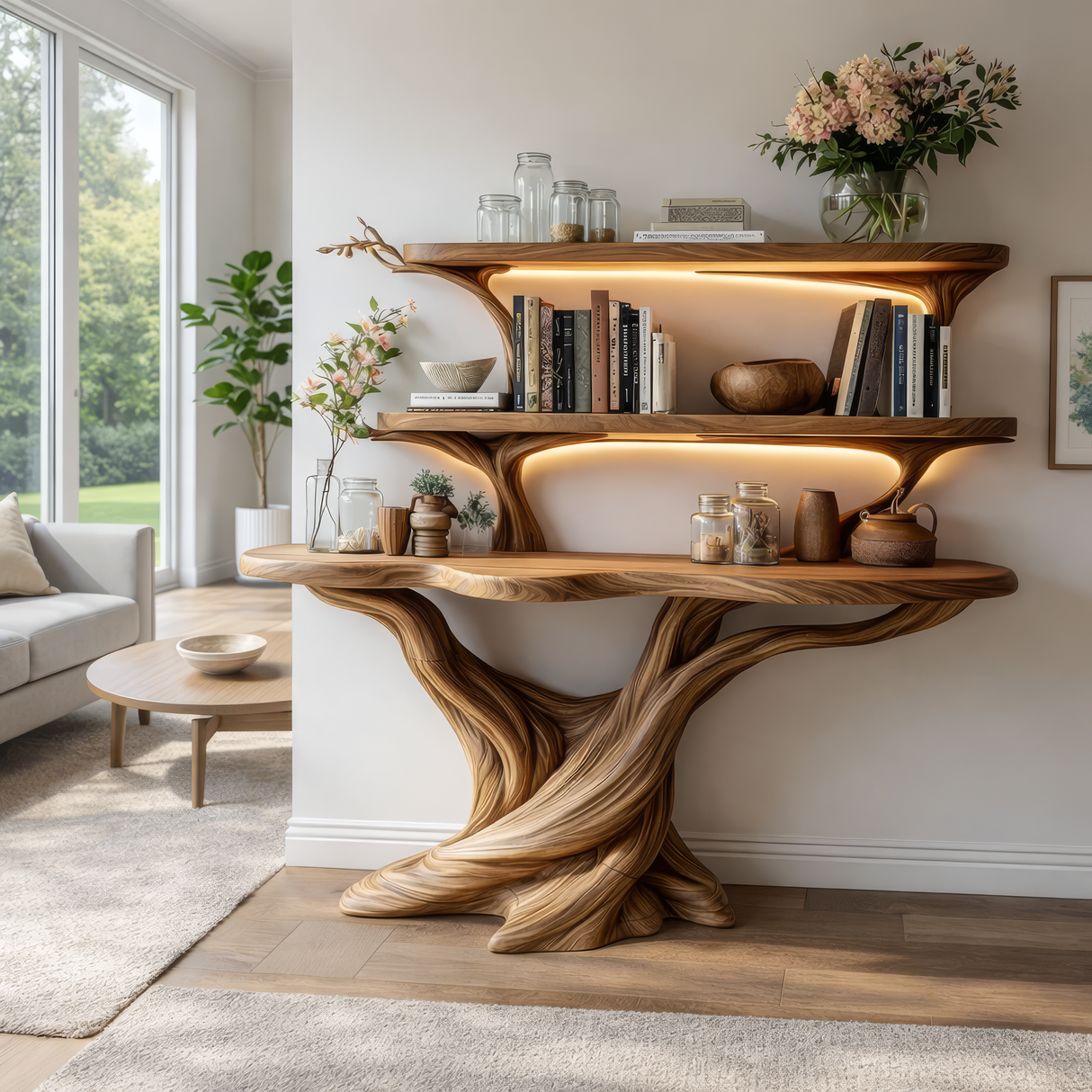 Lioren Sculpted Solid Wood Console Table with Shelves - Timberustic Console Table with Shelves