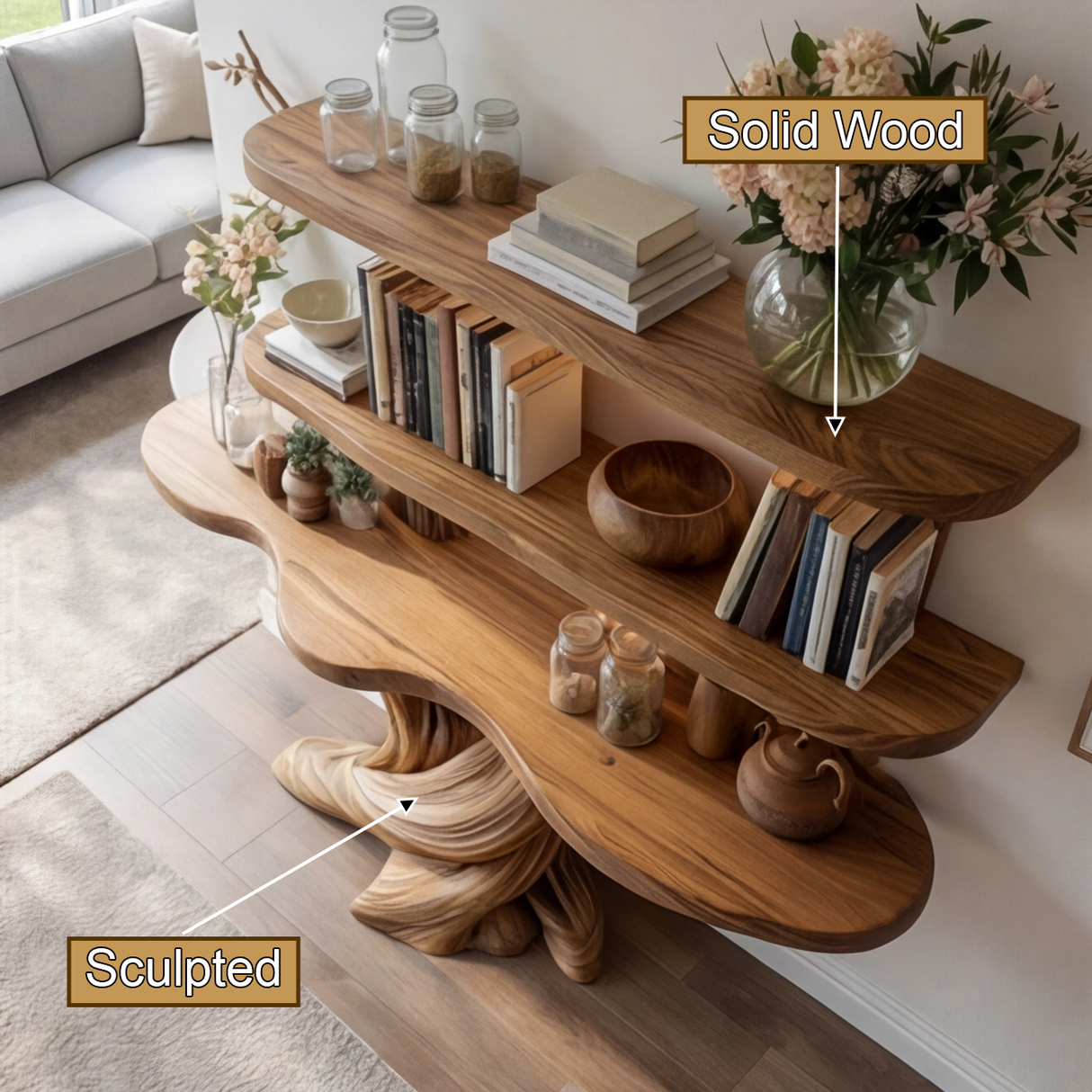 Lioren Sculpted Solid Wood Console Table with Shelves - Timberustic Console Table with Shelves