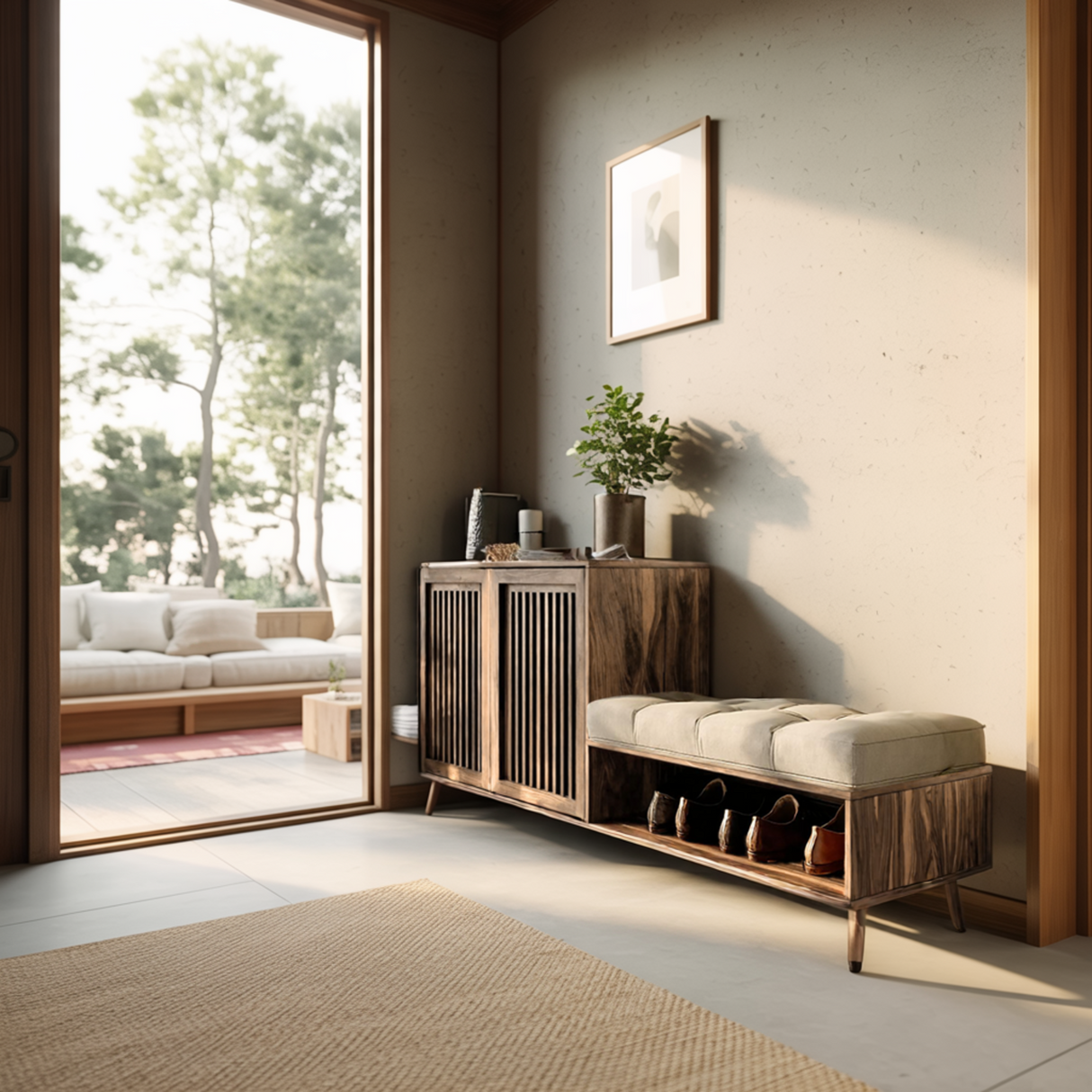 Lioren Solid Wood Entryway Bench with Storage and Low Cabinet - Timberustic Entryway Bench with Storage