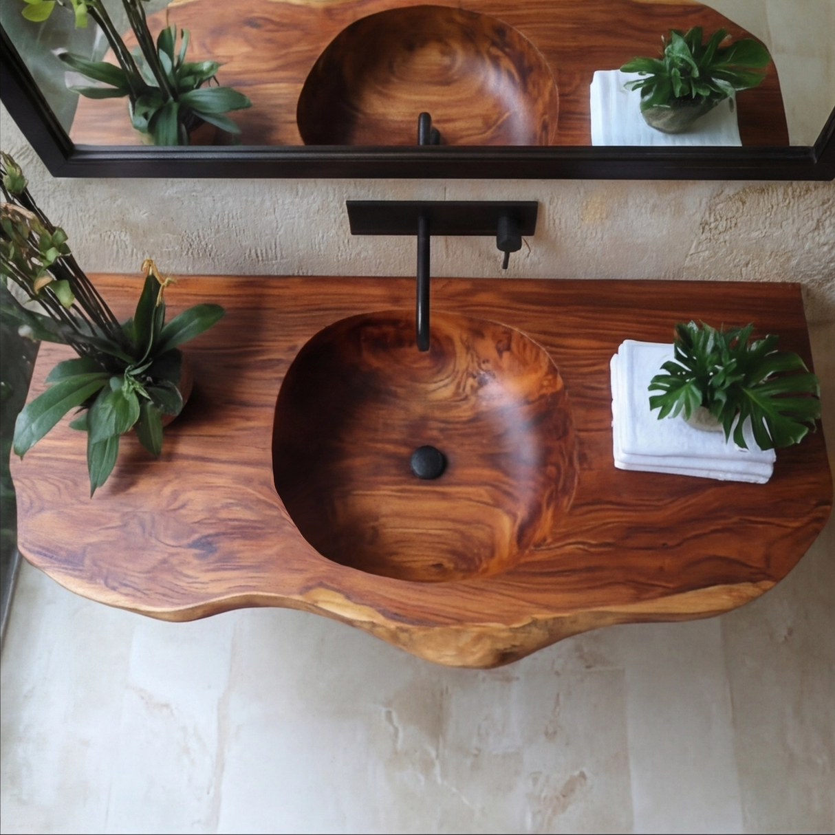 Lorvane Sculpted Live Edge Solid Wood Floating Bathroom Vanity with Integrated Sink - Timberustic Floating Bathroom Vanity with Integrated Sink