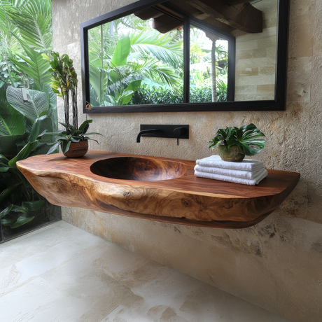 Lorvane Sculpted Live Edge Solid Wood Floating Bathroom Vanity with Integrated Sink - Timberustic Floating Bathroom Vanity with Integrated Sink