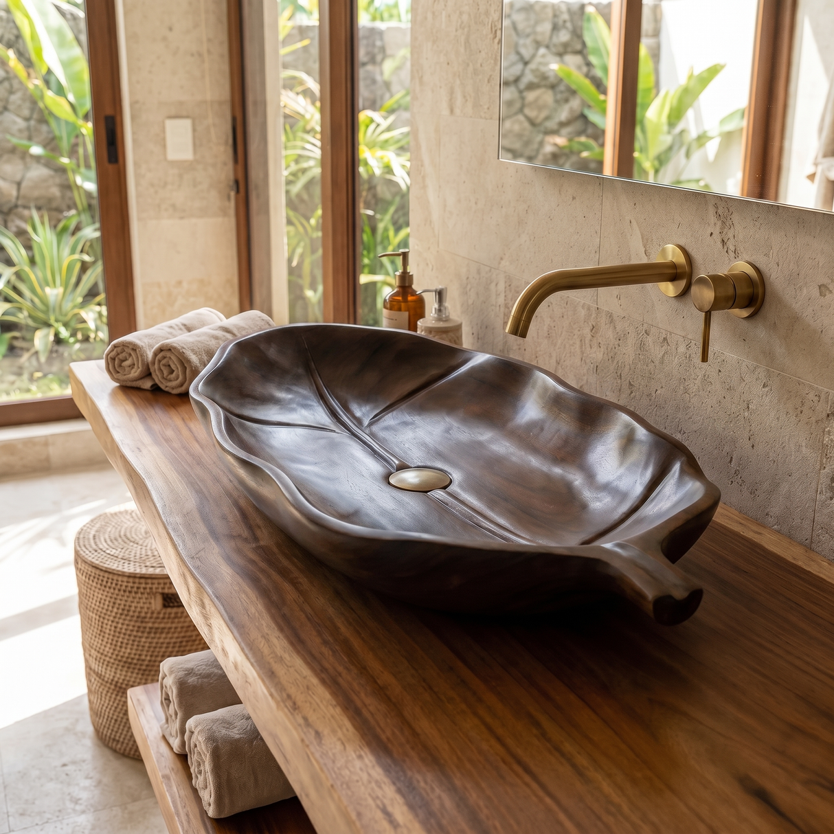 Lunara Handcrafted Solid Wood Leaf Vessel Sink