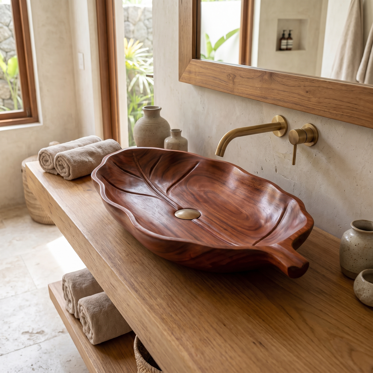 Lunara Handcrafted Solid Wood Leaf Vessel Sink