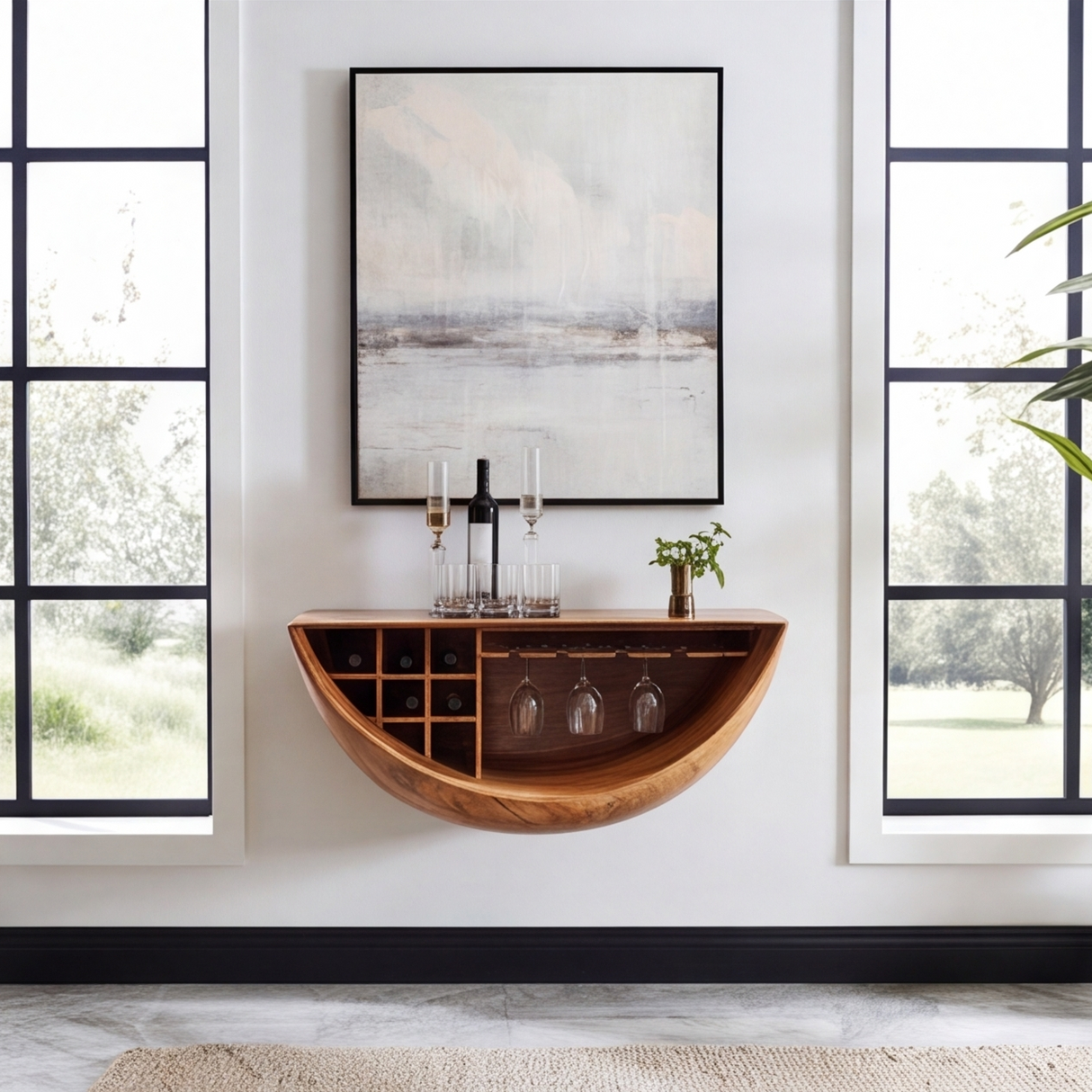 Lunareth Handcrafted Solid Wood Floating Bar Cabinet