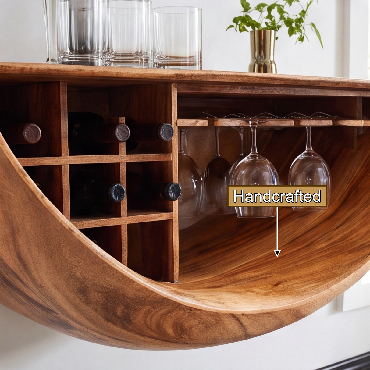 Lunareth Handcrafted Solid Wood Floating Bar Cabinet