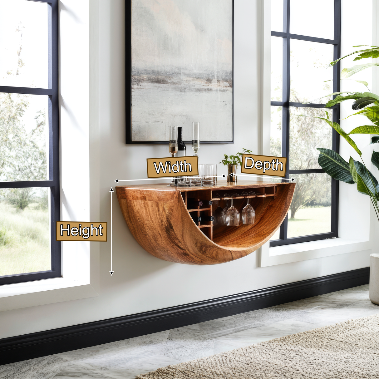 Lunareth Handcrafted Solid Wood Floating Bar Cabinet