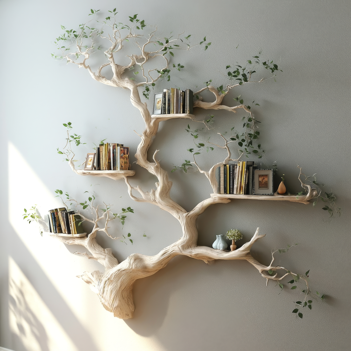 Lunareth Handcrafted Solid Wood Floating Tree Bookshelf