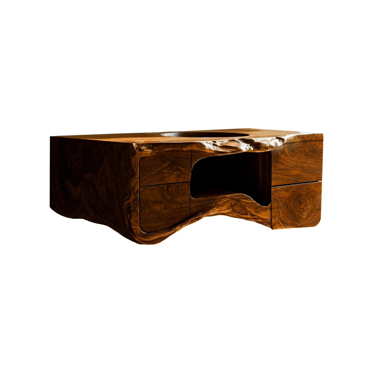 Lunaro Sculpted Solid Wood Floating Bathroom Vanity with Integrated Sink and Storage Brown - Timberustic Floating Bathroom Vanity with Integrated Sink and Open Storage
