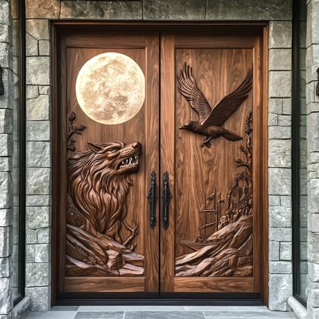 Lunavor Handcrafted Solid Wood Wolf and Raven Double Doors - Timberustic Door