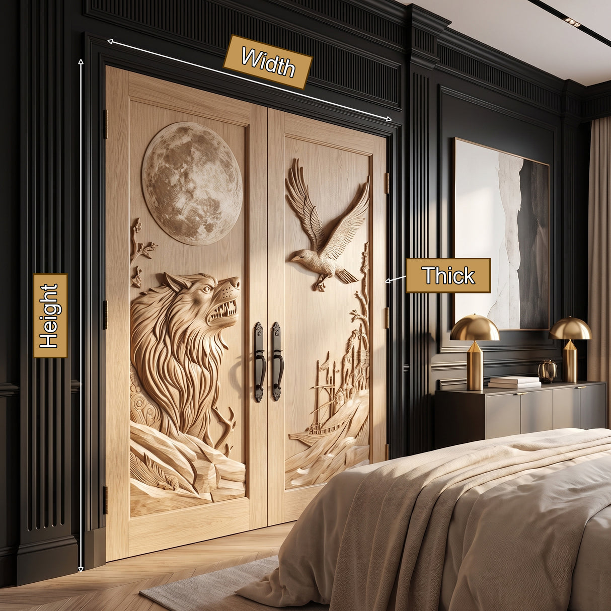 Lunavor Handcrafted Solid Wood Wolf & Raven Double Doors