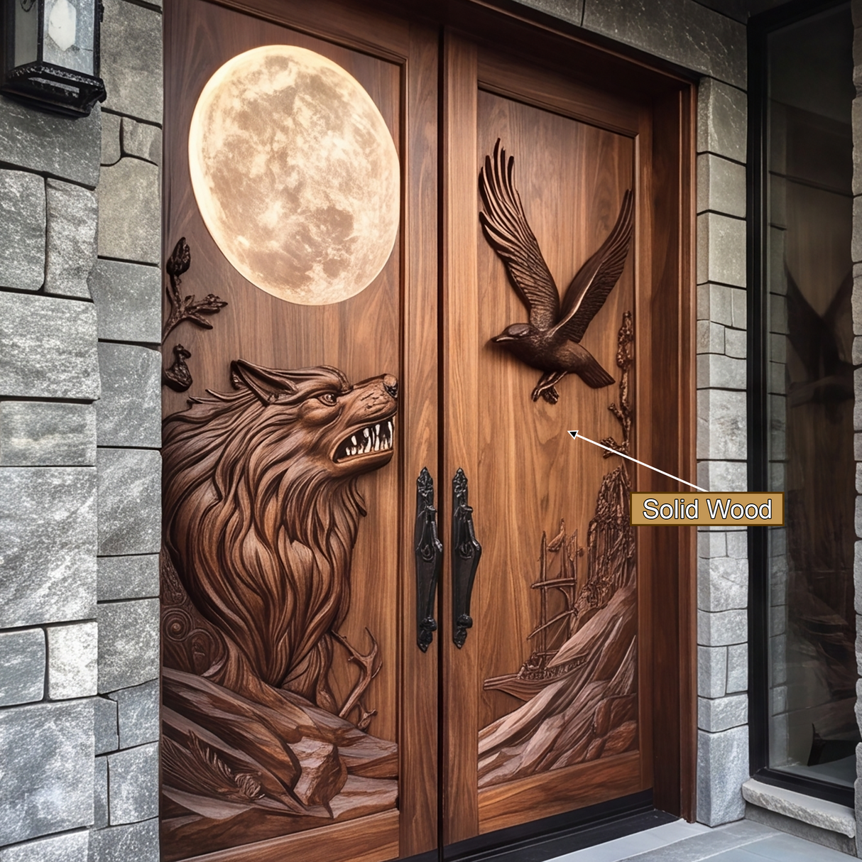 Lunavor Handcrafted Solid Wood Wolf & Raven Double Doors