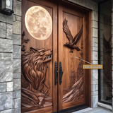 Lunavor Handcrafted Solid Wood Wolf & Raven Double Doors