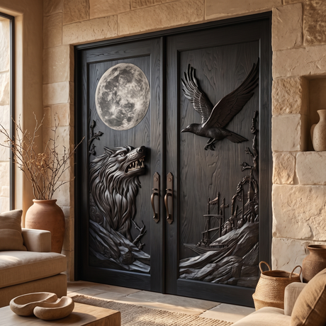 Lunavor Handcrafted Solid Wood Wolf and Raven Double Doors Black - Timberustic Door