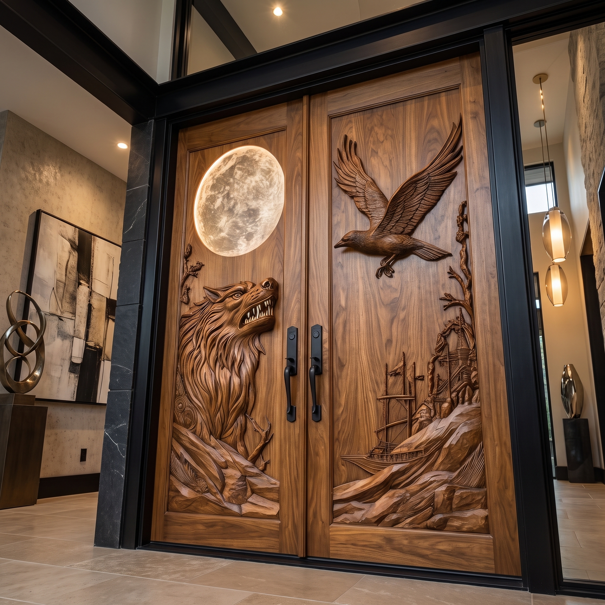Lunavor Handcrafted Solid Wood Wolf & Raven Double Doors