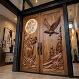 Lunavor Handcrafted Solid Wood Wolf & Raven Double Doors