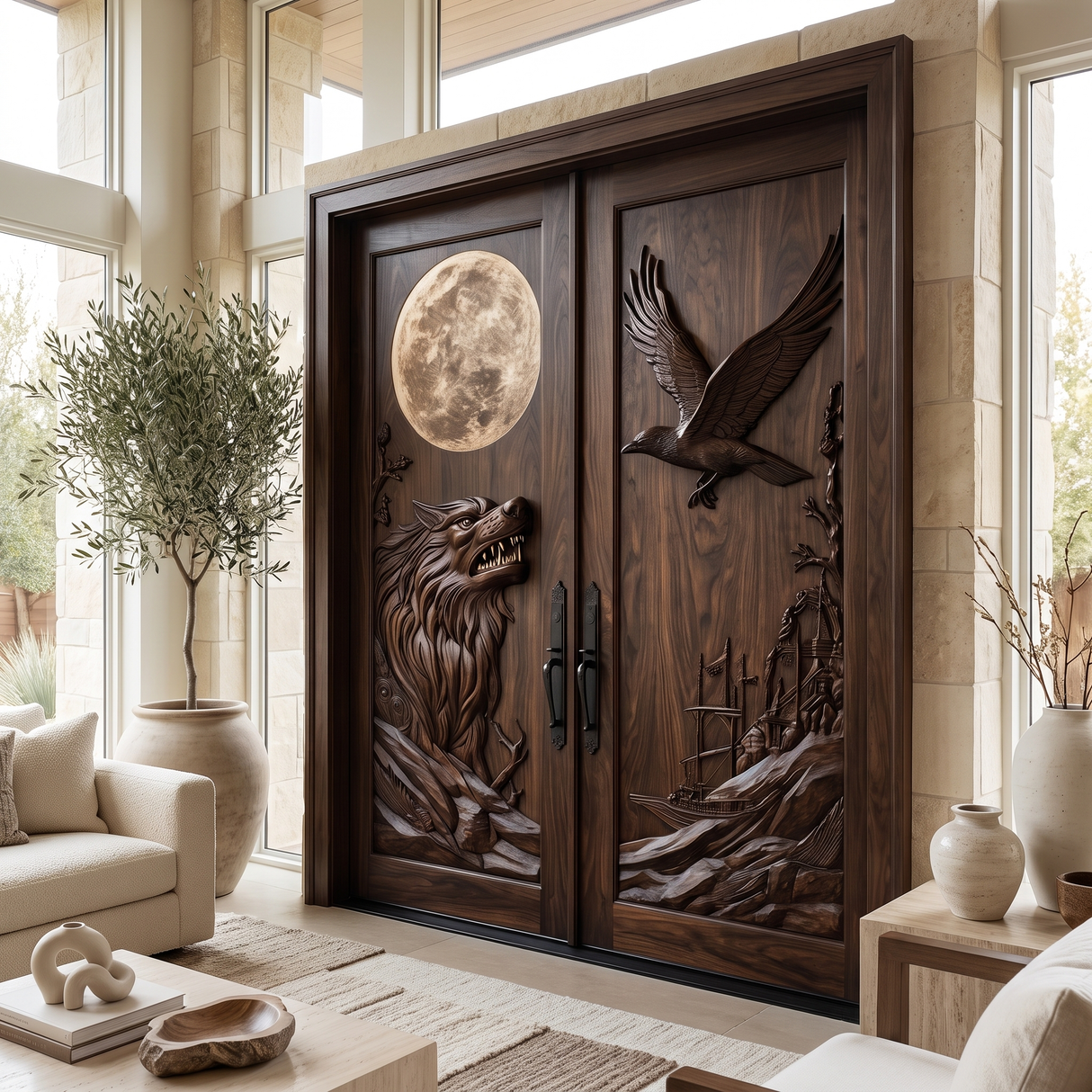 Lunavor Handcrafted Solid Wood Wolf & Raven Double Doors