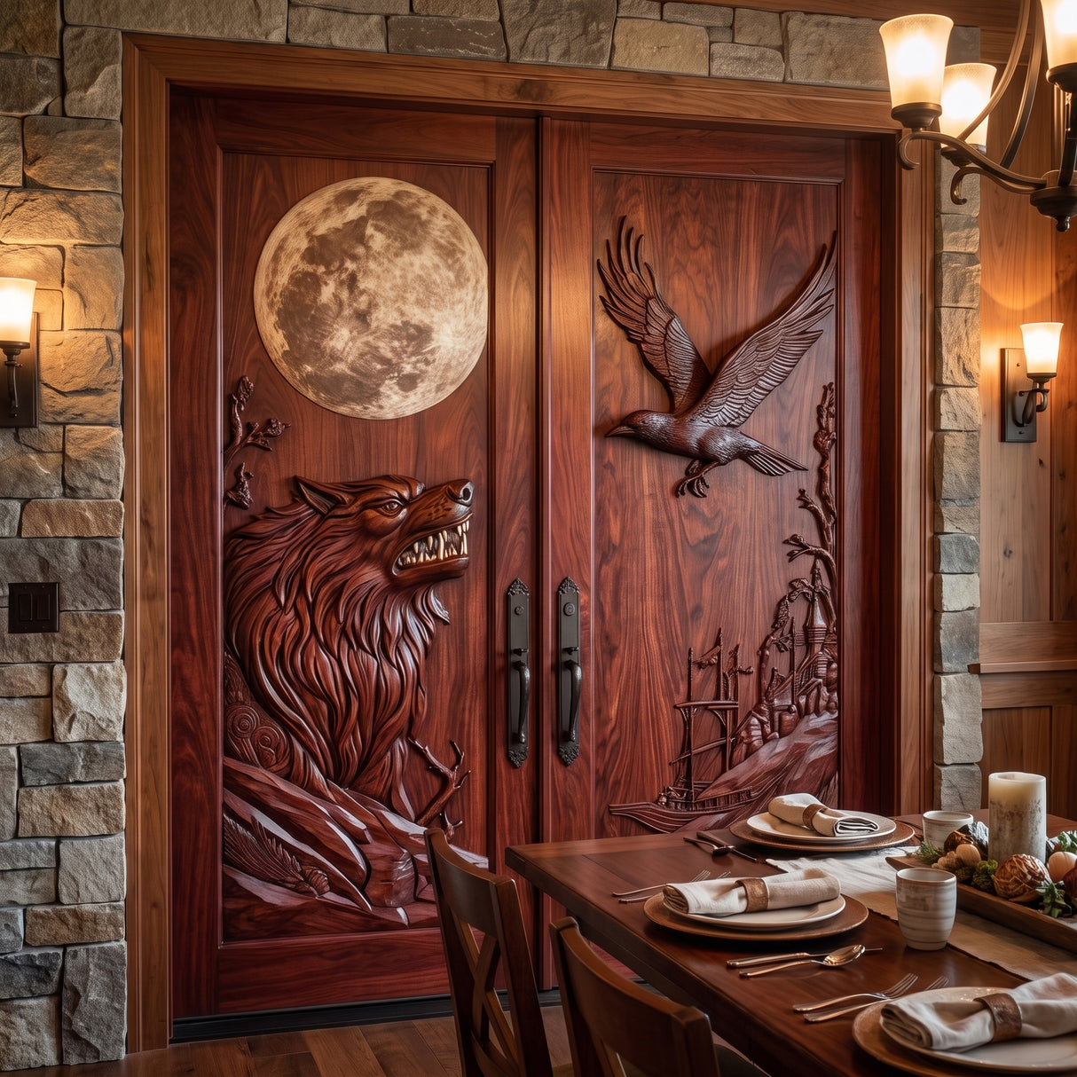 Lunavor Handcrafted Solid Wood Wolf & Raven Double Doors