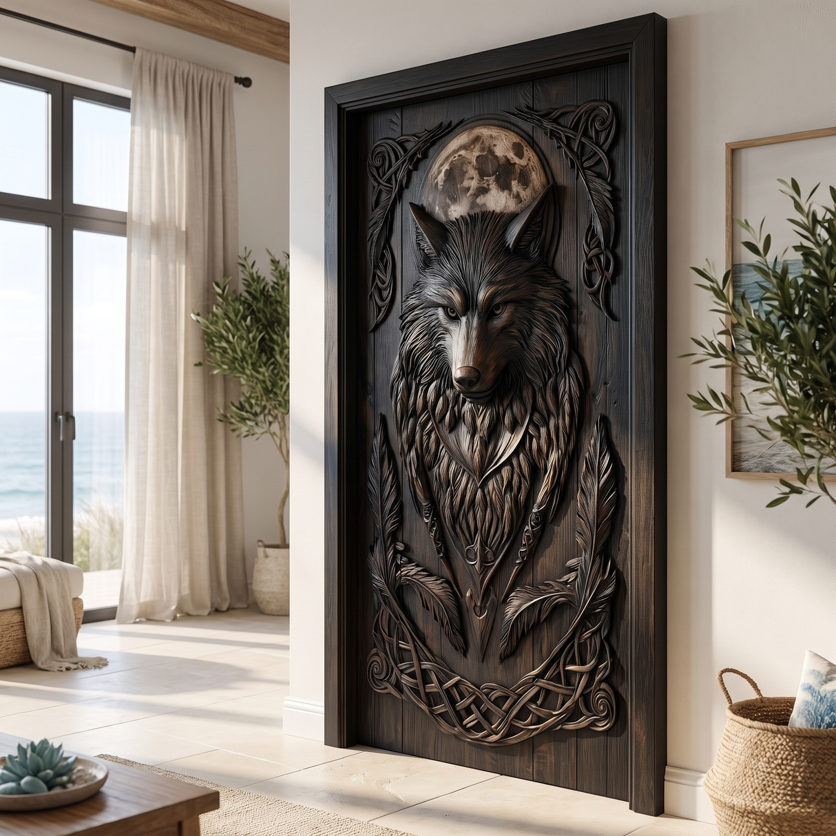 Lunawyr Handcrafted Solid Wood Wolf Single Door