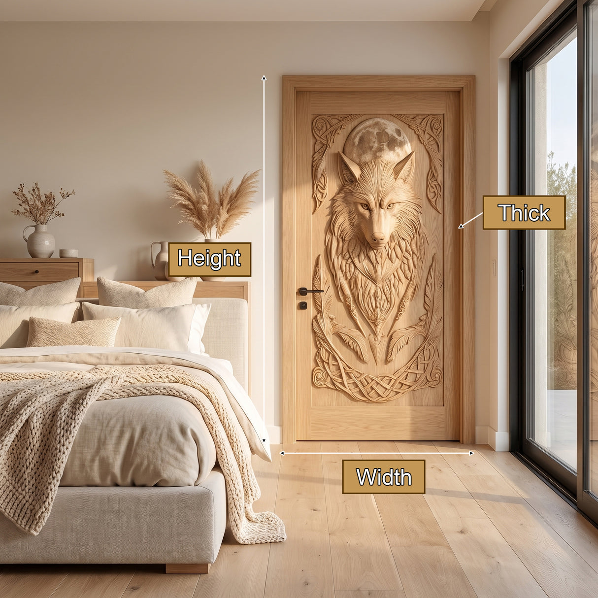 Lunawyr Handcrafted Solid Wood Wolf Single Door