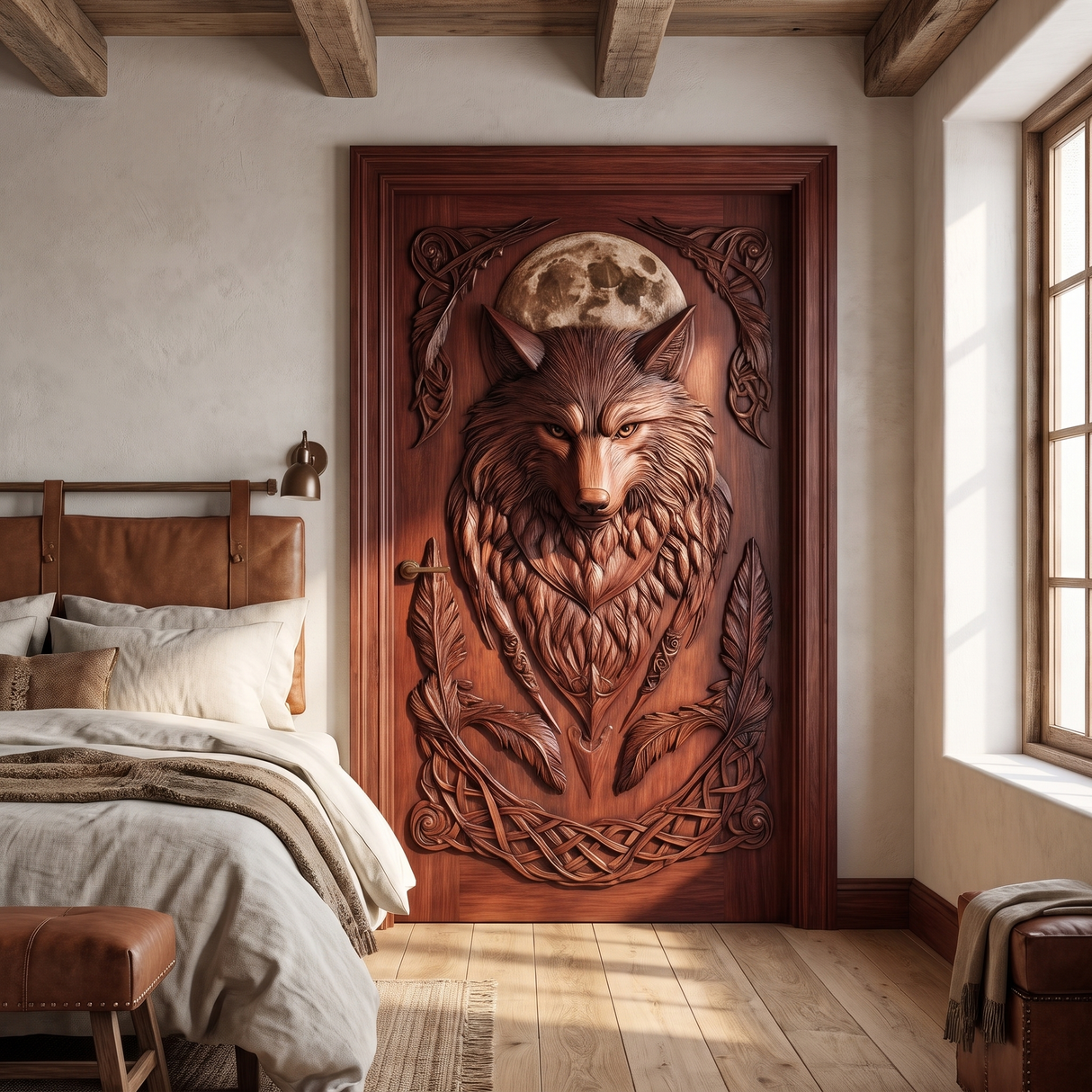 Lunawyr Handcrafted Solid Wood Wolf Single Door