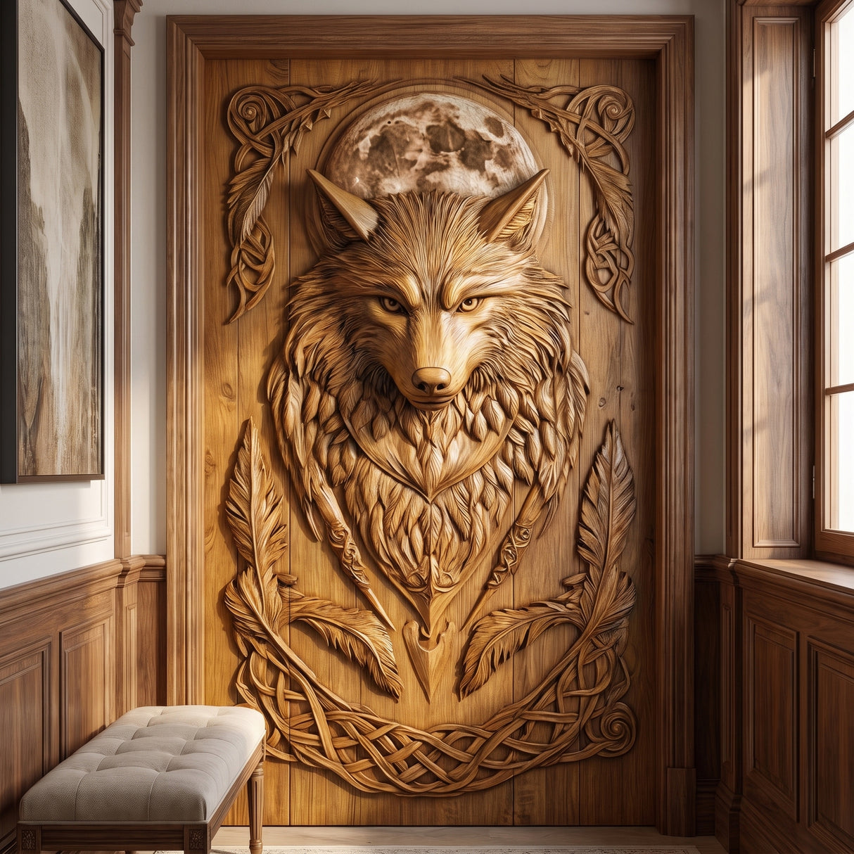 Lunawyr Handcrafted Solid Wood Wolf Single Door
