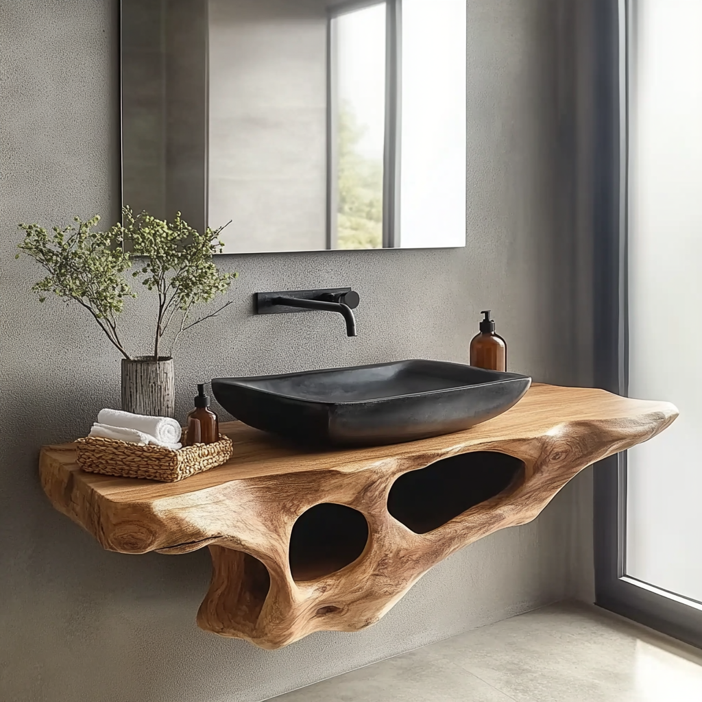 Lunor Sculpted Solid Wood Floating Bathroom Vanity with Open Storage - Timberustic Floating Bathroom Vanity with Open Storage
