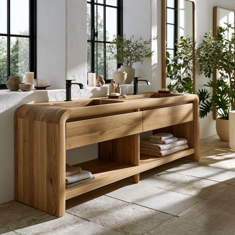 Lunoris Handcrafted Solid Wood Freestanding Bathroom Vanity with Integrated Sinks and Drawers - Timberustic Freestanding Bathroom Vanity with Integrated Sinks and Drawers