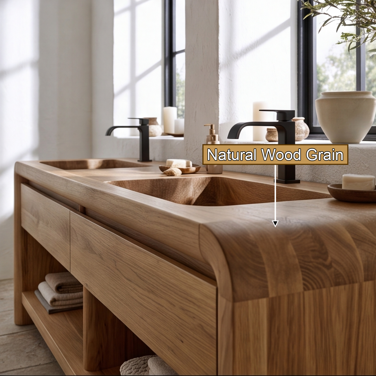 Lunoris Handcrafted Solid Wood Freestanding Bathroom Vanity with Integrated Sinks and Drawers