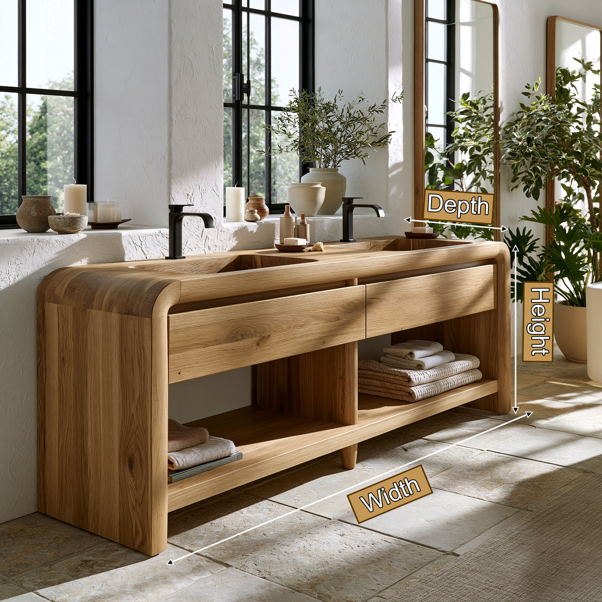 Lunoris Handcrafted Solid Wood Freestanding Bathroom Vanity with Integrated Sinks and Drawers