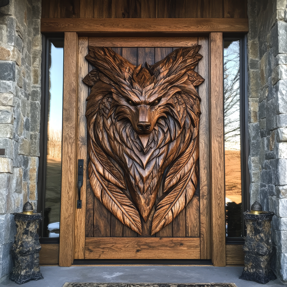Lykaris Sculpted Solid Wood Wolf Crest Single Door