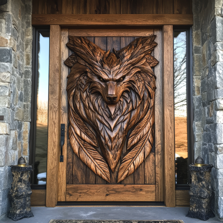 Lykaris Sculpted Solid Wood Wolf Crest Single Door - Timberustic Door