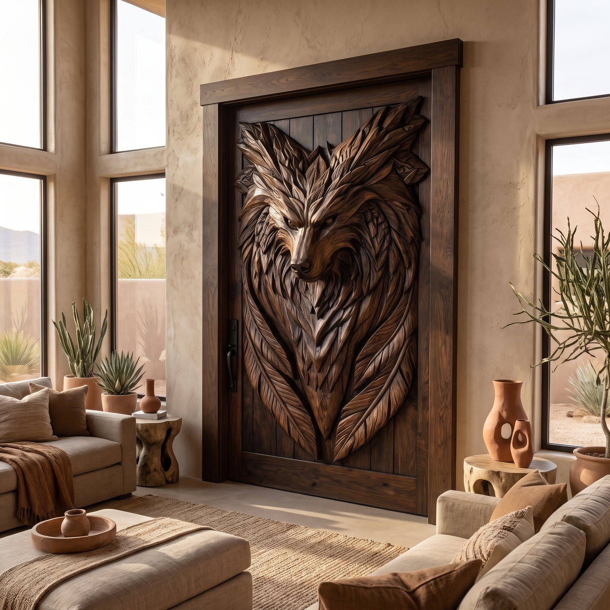 Lykaris Sculpted Solid Wood Wolf Crest Single Door