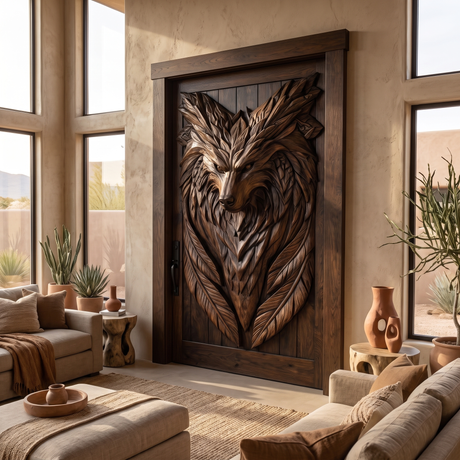 Lykaris Sculpted Solid Wood Wolf Crest Single Door Dark Walnut - Timberustic Door