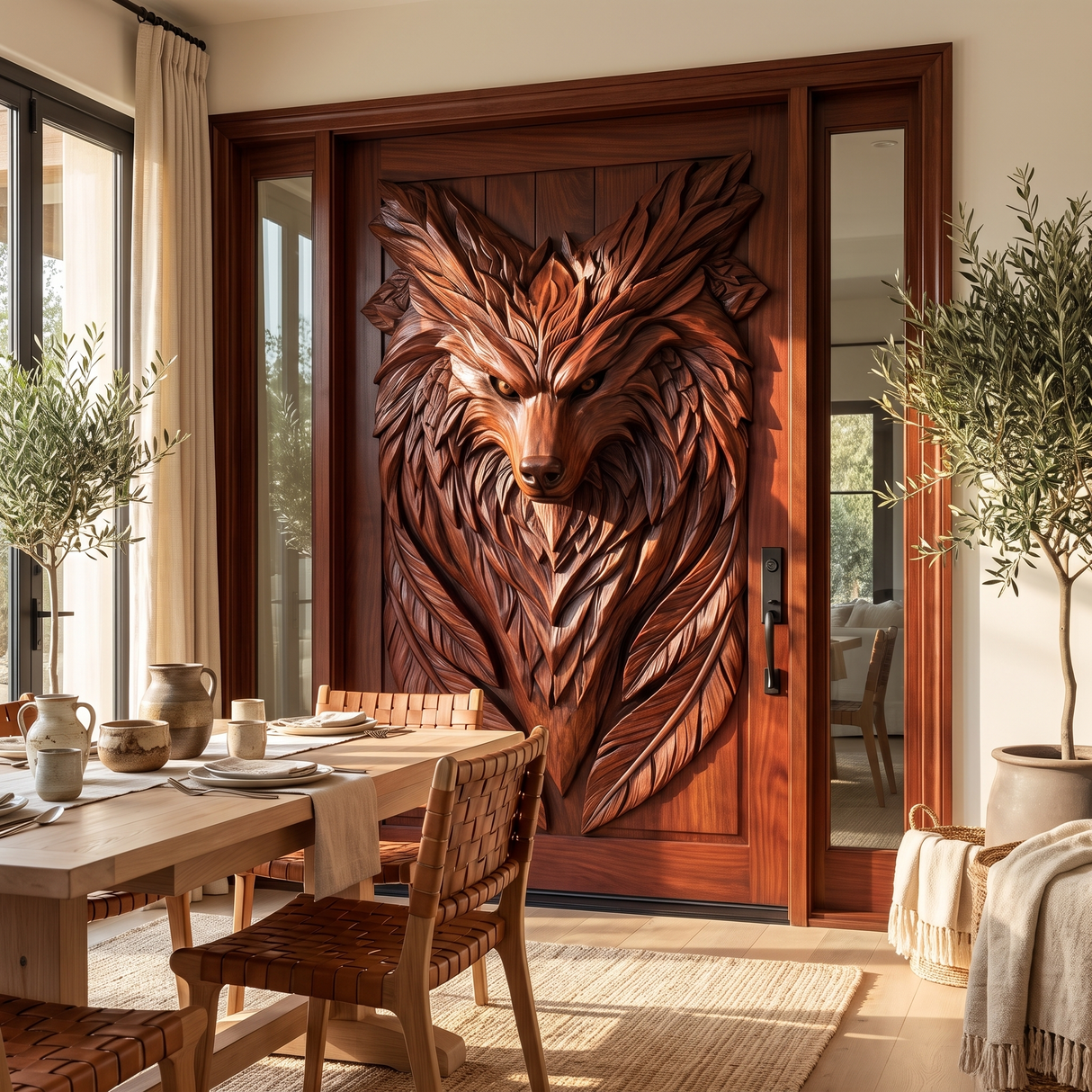 Lykaris Sculpted Solid Wood Wolf Crest Single Door