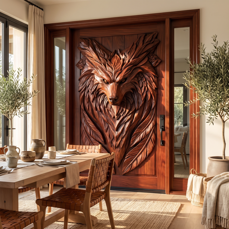Lykaris Sculpted Solid Wood Wolf Crest Single Door Mahogany - Timberustic Door