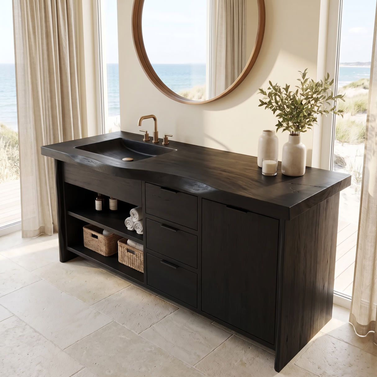 Madera Carved Freestanding Bathroom Vanity With Integrated Sink And Drawers